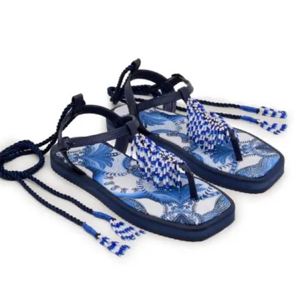 NIB: Farm Rio blue and white beaded sandal